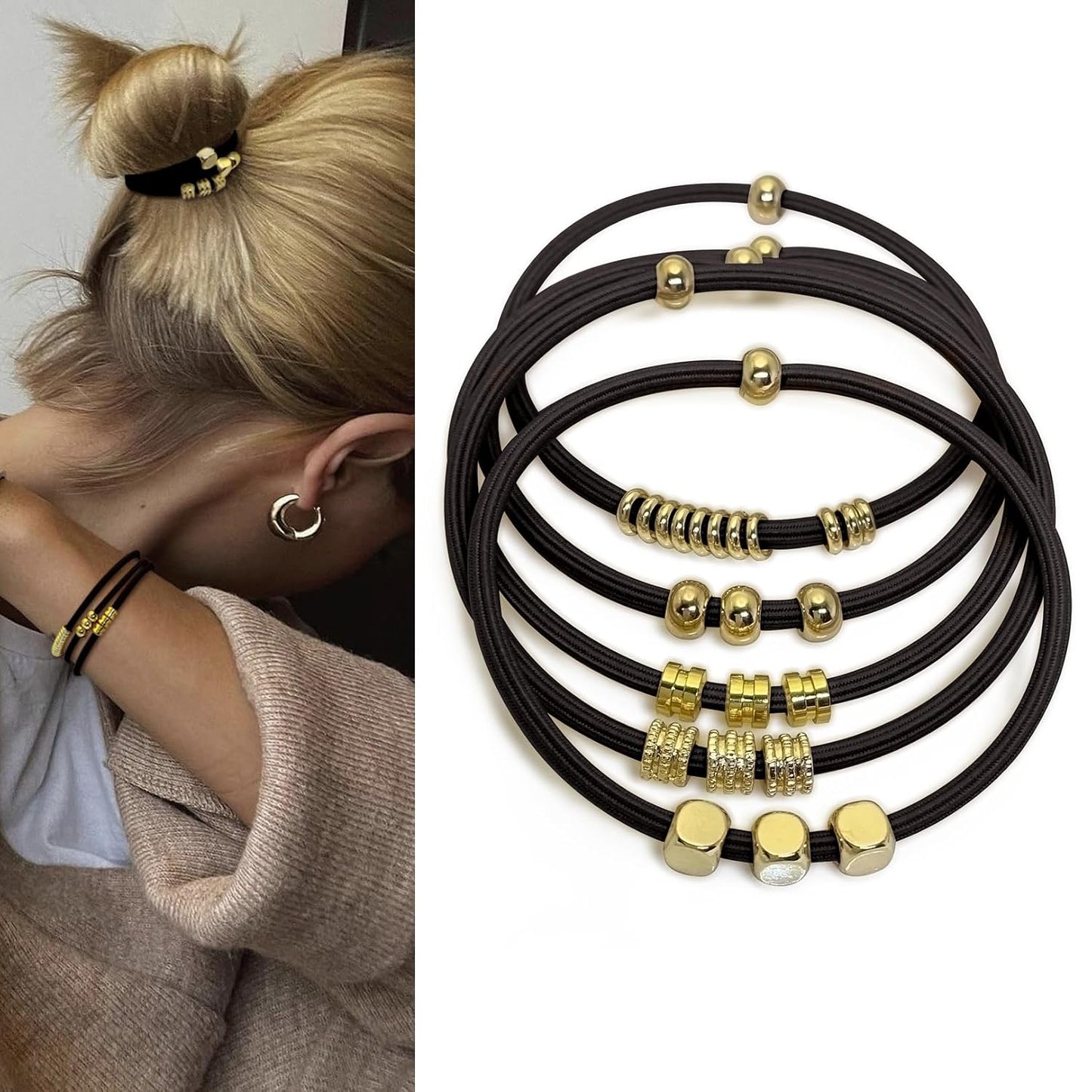 Blonde Boho Hair Ties Bracelet - Trendy Elastic Ponytail Holders with Gold Bead | Ideal for Thick, Thin, Curly Hair (Beige)