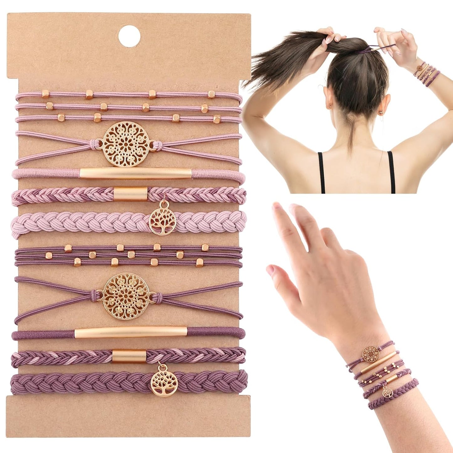 10PCS Hair Ties Bracelet Set - Soft Braided Boho Elastic Hair Bands for Women | Beige & Light Coffee