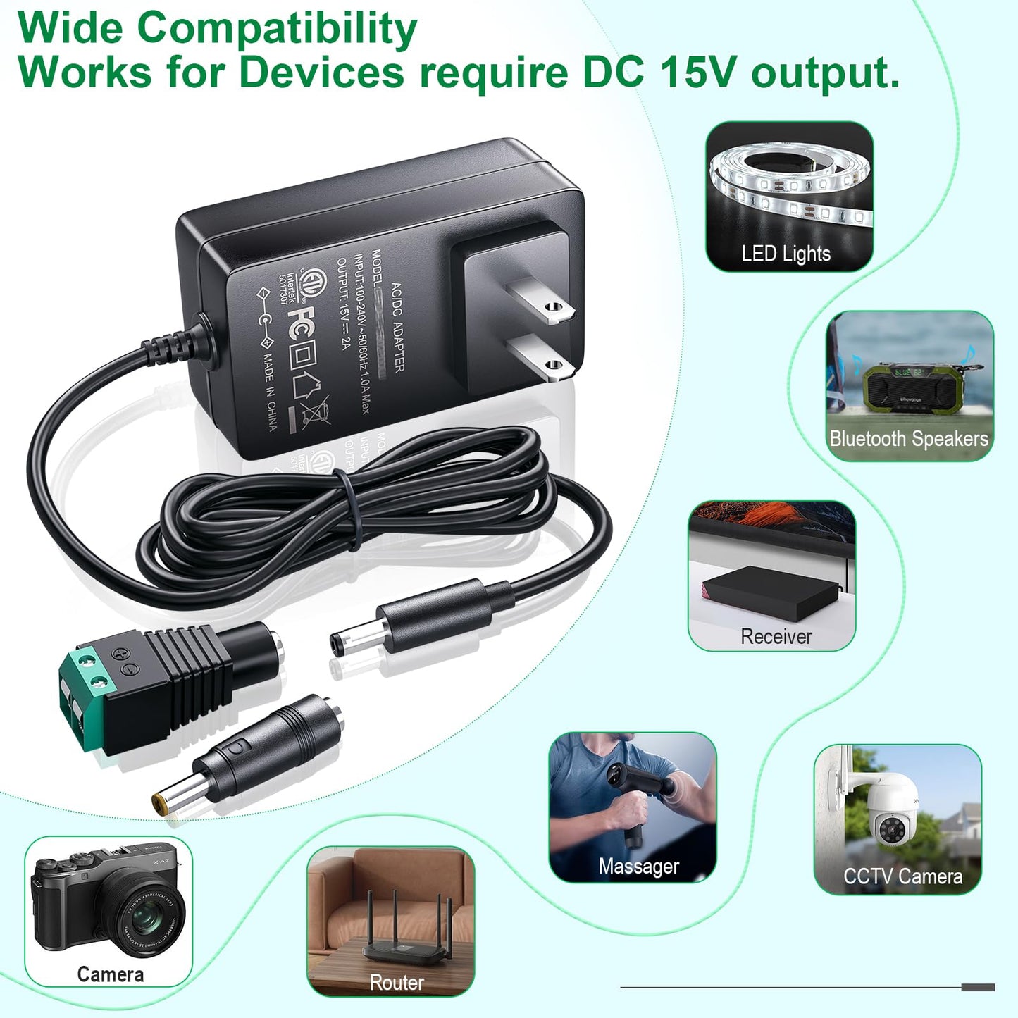 SoulBay 15V DC Power Supply with 2pcs Tips for Cat Litter Box Router LED Light Speakers Camera Record Player Guitar Amp Replacement, 5FT Cord, AC 100-240V to DC 15 Volt 2A Adapter