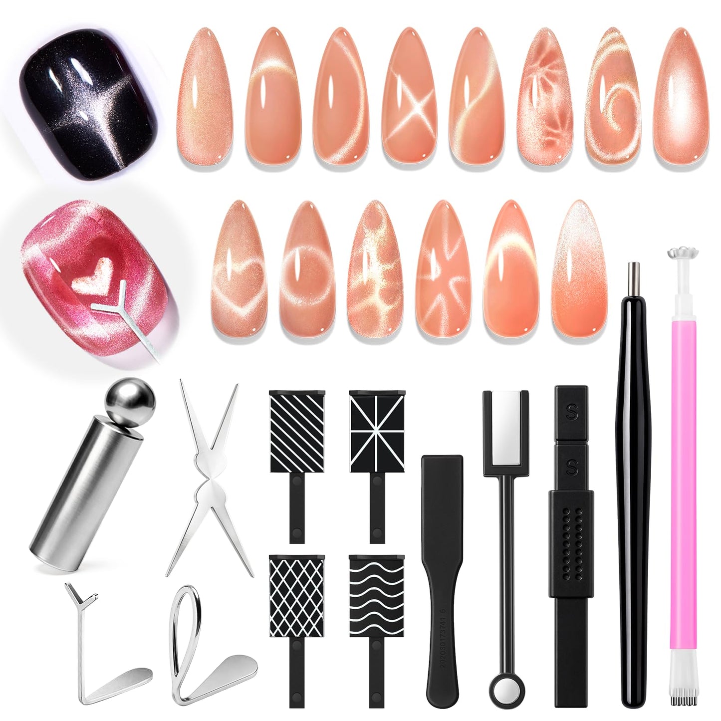 AzureBeauty Cat Eye Magnet Nail Art Tools-14PCS Powerful Cateye Gel Nail Polish Magnet Tools -Heart/French /Black Hole Magnet Sticks, DIY Glassy Cateye Nail Art Effects