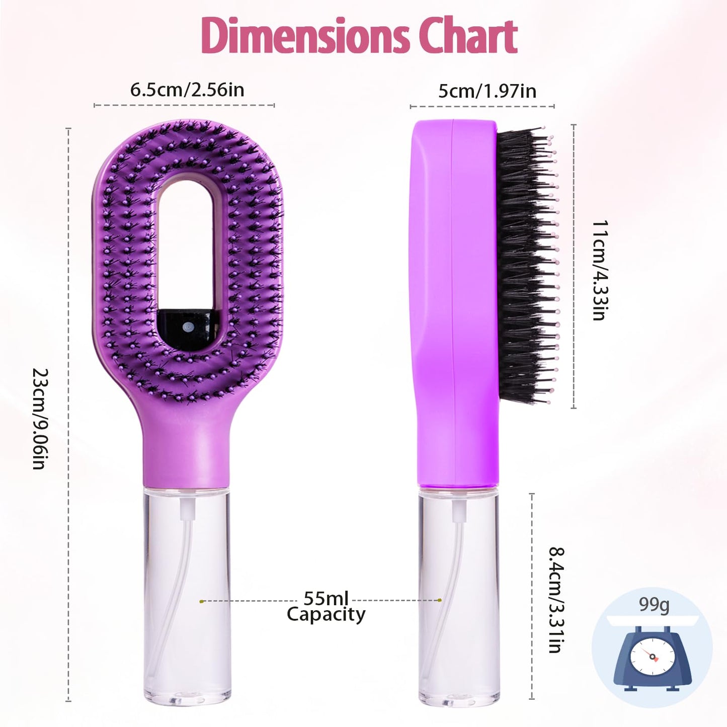 Hair Brush with Water Spray, 2-in-1 Detangling Tool for Frizz Control, Works on Wet & Dry Strands, Portable Mist Comb for Thick, Curly & Fine Textures(1 Purple)