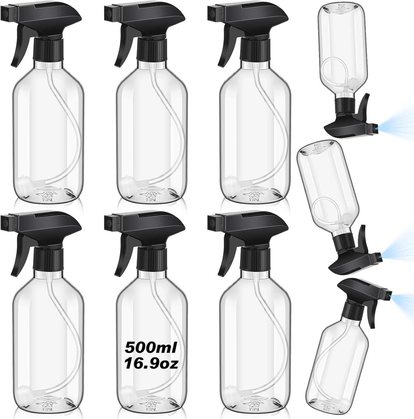 360° Water Spray Bottle - 16 oz Fine Mist/Stream Nozzle | 6 Pack Refillable Plastic Containers for Plants & Cleaning