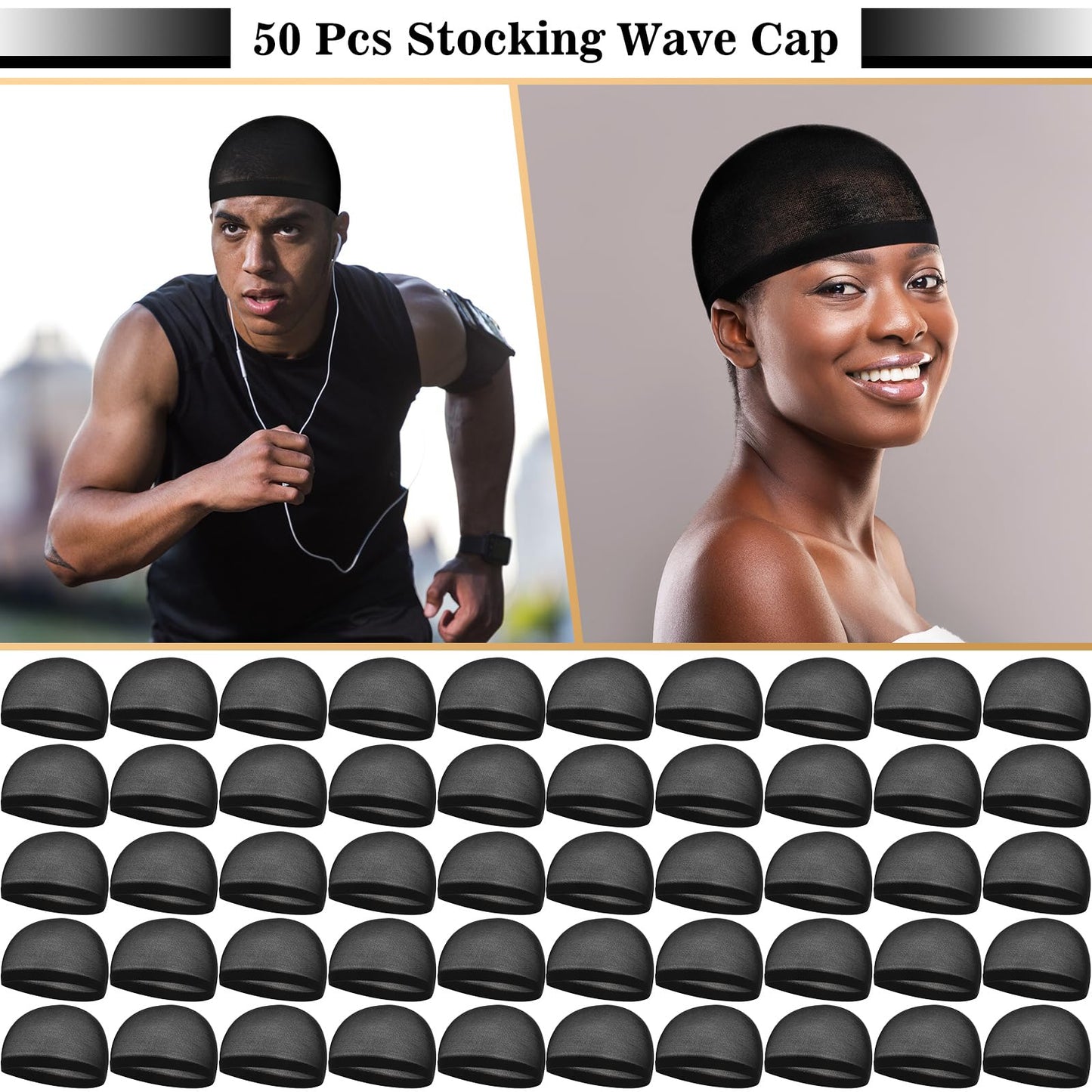 Ramede 50 Pcs Stocking Wave Cap for Men Adult Stretchy Nylon Skull Wave Lightweight Beanie Caps Waves for Man Women (Black)