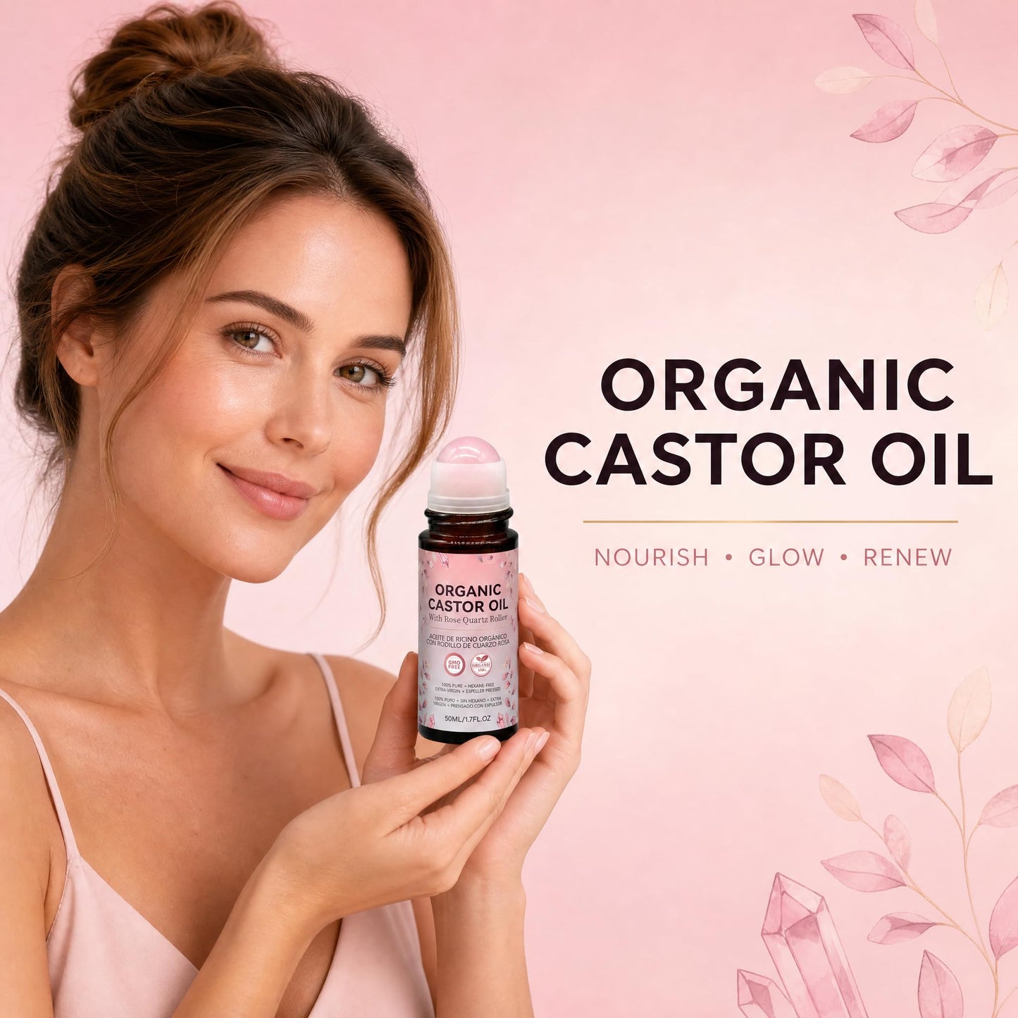 Narvokey Organic Castor Oil Roll On with Rose Quartz Roller, 100% Cold Pressed, Hexane-Free, for Face, Body, Hair, and Eyebrows (1)