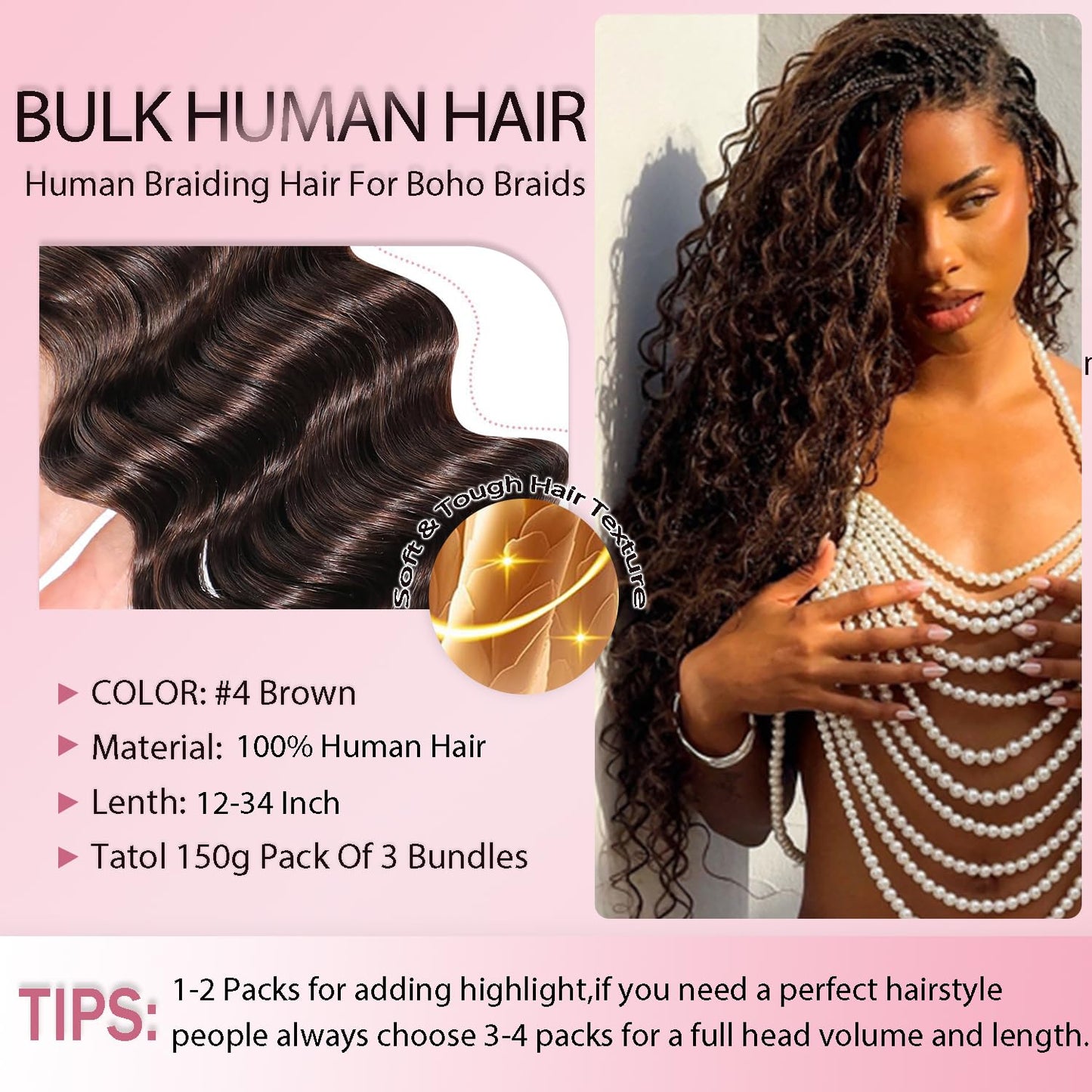 Dark Brown Boho Hair for Braiding #4 Brown Braiding Hair 16 16 16 Inch Chocolate Brown Deep Wave Boho Human Hair for Braiding #4 Curly Hair Extensions for Braids 150g 3 Bundles