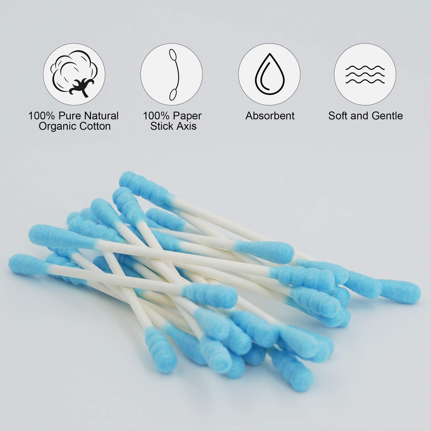 HOMEFOX Blue Cotton Swabs Spiral - 200 Count Organic Cotton Buds Double Side Tightly Wrapped Cotton Tips Paper Stick Soft Gentle Lint-Free Cruelty-Free, Round & Spiral (Blue)