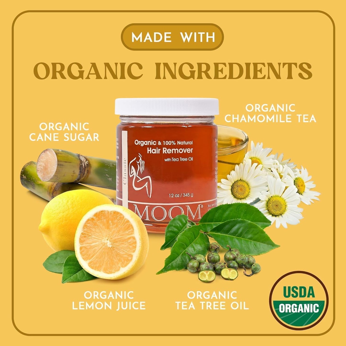 MOOM USDA Organic Sugar Wax Hair Removal for Women & Men - 12 oz Wax refill Jar, Sugaring Wax with Tea Tree Oil - Body, Leg & Facial wax - Soft Wax for Sensitive Skin (Strips & Sticks Not Included)