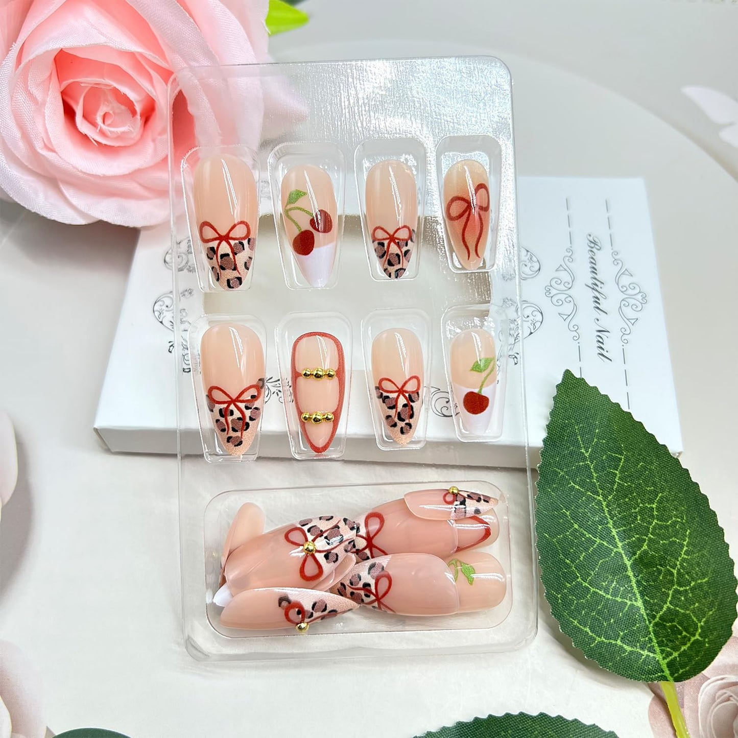 3D Cherry Bow Press-On Nails - Leopard Print French Tip Glossy Long Almond Acrylic | Reusable Artificial Stick-On Nails for Women
