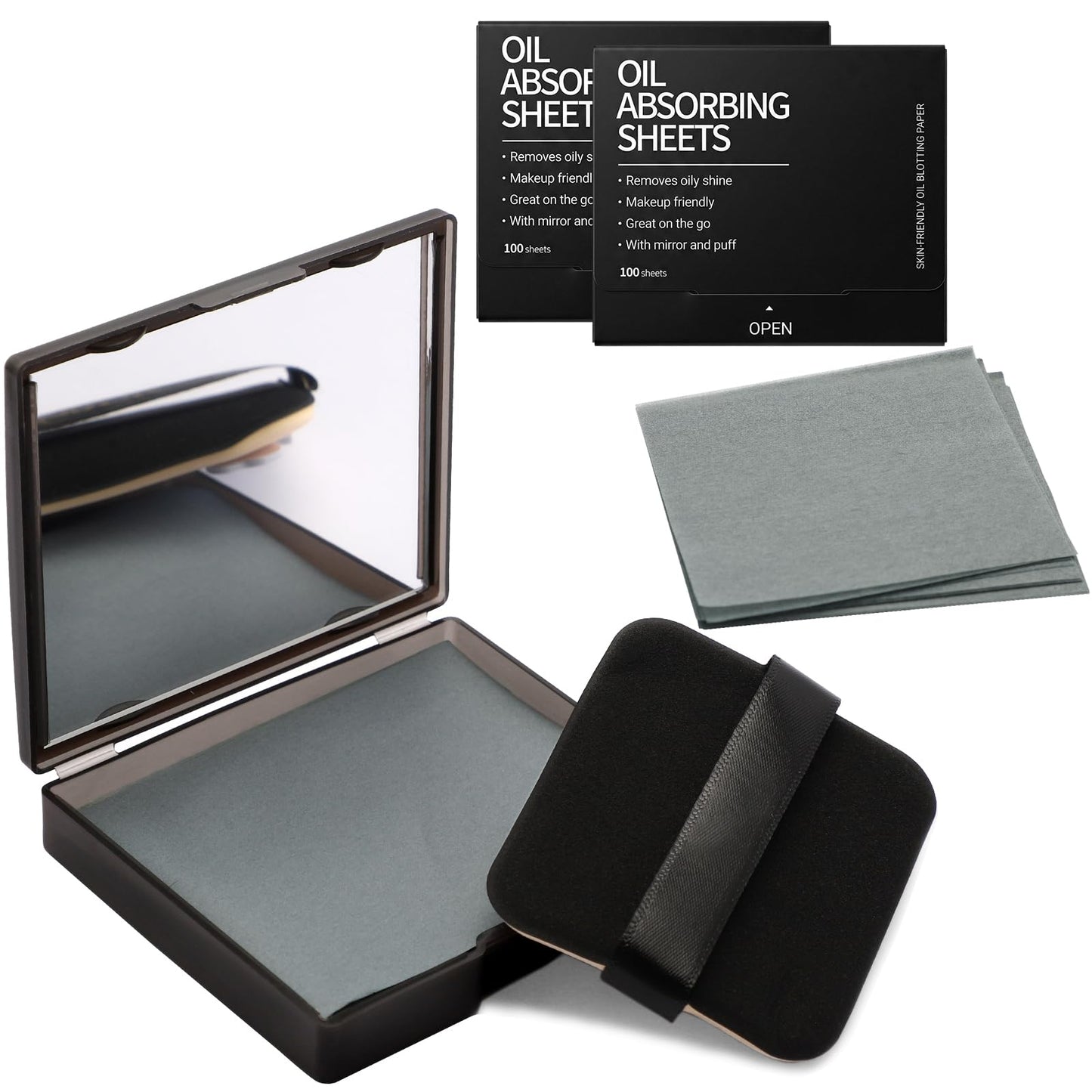 Jutqut Oil Blotting Sheets for Face with Mirror & Puff, 300 Sheets Natural Oil Blotting Paper, Bamboo Charcoal Oil Absorbing Wipes, Oil Control Film for Oily Skin, Makeup Friendly, Absorbs Excess Oil