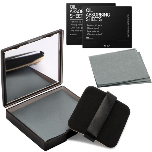 Jutqut Oil Blotting Sheets for Face with Mirror & Puff, 300 Sheets Natural Oil Blotting Paper, Bamboo Charcoal Oil Absorbing Wipes, Oil Control Film for Oily Skin, Makeup Friendly, Absorbs Excess Oil