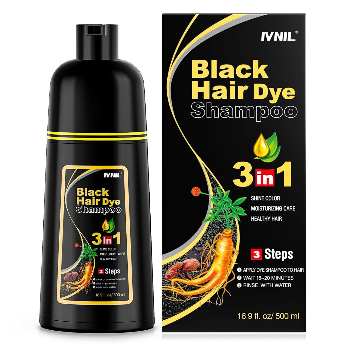 Ivnil Black Hair Dye Shampoo - 3-in-1 Semi-Permanent Color for Gray Hair | Unisex Formula