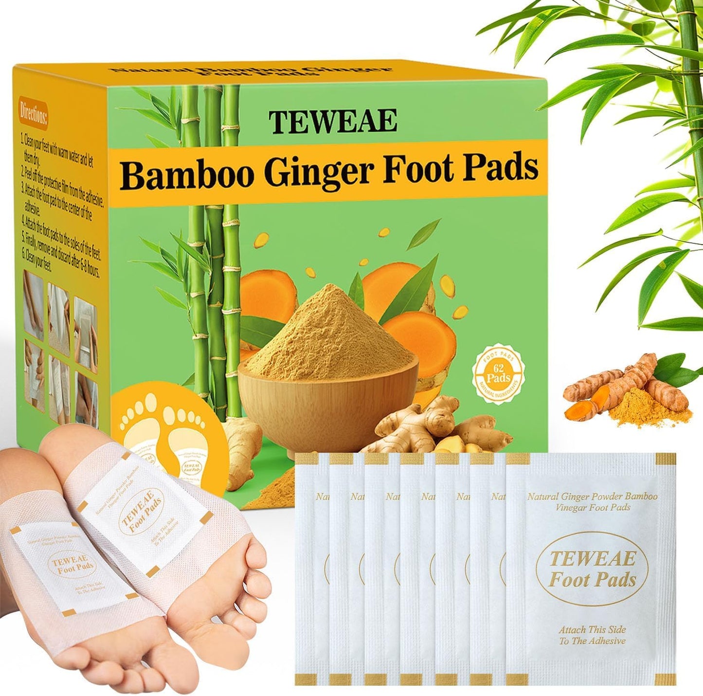 TEWEAE 62 Pads Foot Pads for Better Sleep, Natural Ginger & Bamboo Vinegar Turmeric Wormwood - No Off - Improves Sleep and Relaxation - Premium Foot Care Good Night Foot Patches. for Father's Day