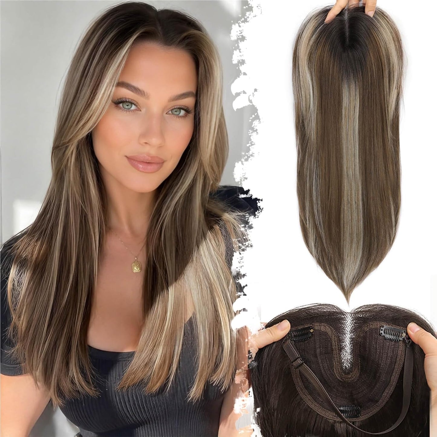 Ash Blonde Synthetic Hair Toppers with Platinum Highlights - 18" Long, 5x6" Base for Thinning Hair, Clip-In Wispy Bangs