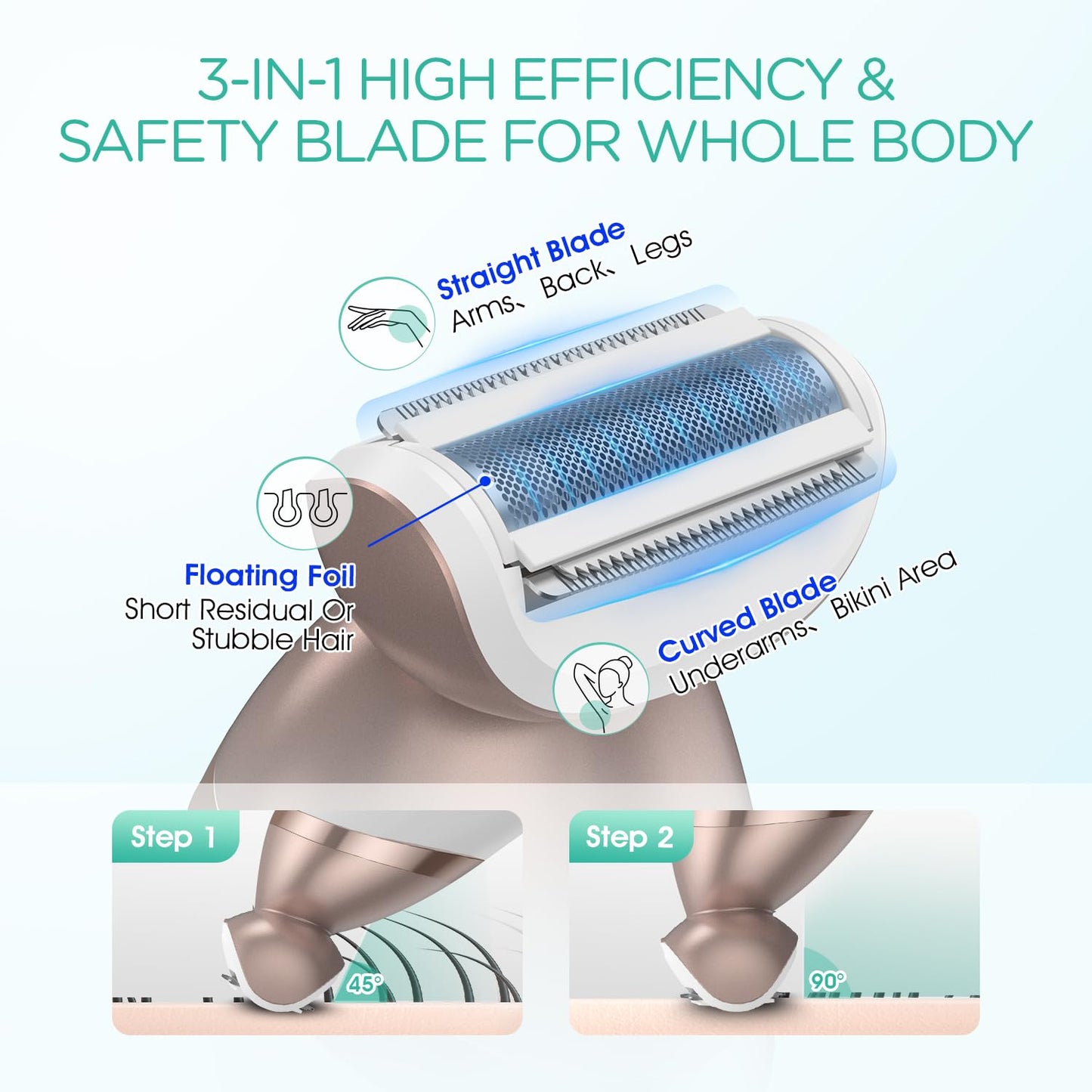 VOYOR Electric Razors for Women 4 in 1 Bikini Trimmer, Foil Shaver for Women 4 Replacement Heads for Body, Pubic Hair Trimmer, Cleansing, Massage 2 Adjustable Speeds Rechargeable Shaver ES501 (Gold)