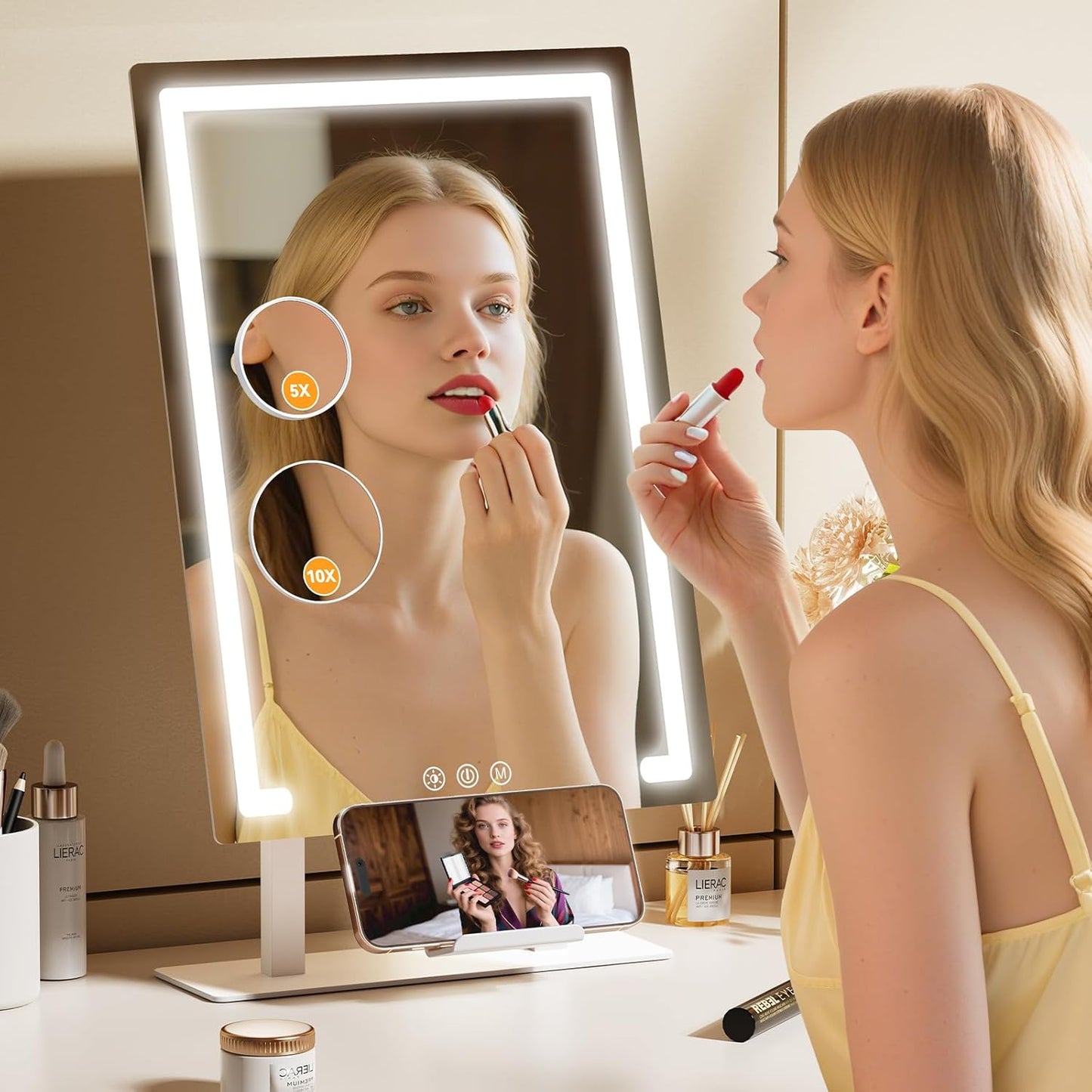 Lighted Makeup Mirror - Hollywood Rechargeable Vanity Mirror with 5X/10X Magnification & Dimmable Lighting | 11”x16.8” LED Tabletop Design