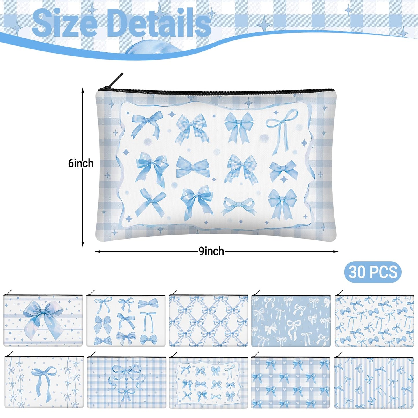KOPOOEOE 30 Pcs Blue Bow Makeup Bags Coquette Cosmetic Zipper Pouches with Elegant Blue Bow Makeup Bag Bulk Canvas Cosmetic Travel Toiletry Pouch for Women Bridesmaids Wedding Favors