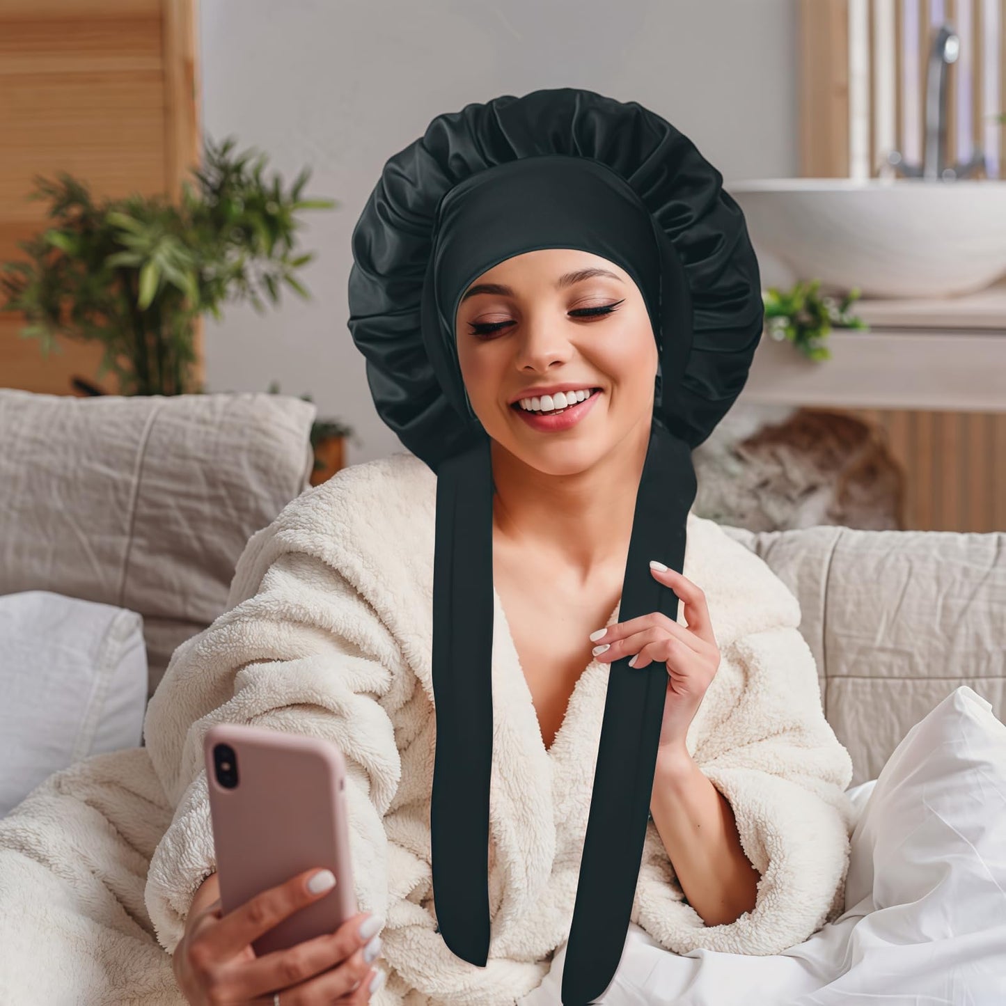 VECIIR Satin Bonnet Silk Bonnet for Sleeping Women Pink