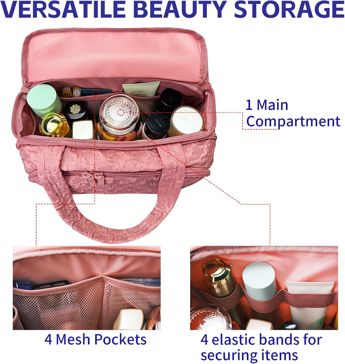 SMONT Toiletry Bag for Traveling Women, 11.5" Large Travel Makeup Toiletries Skincare Bag, Big Cosmetic Cosmetiquera Pink