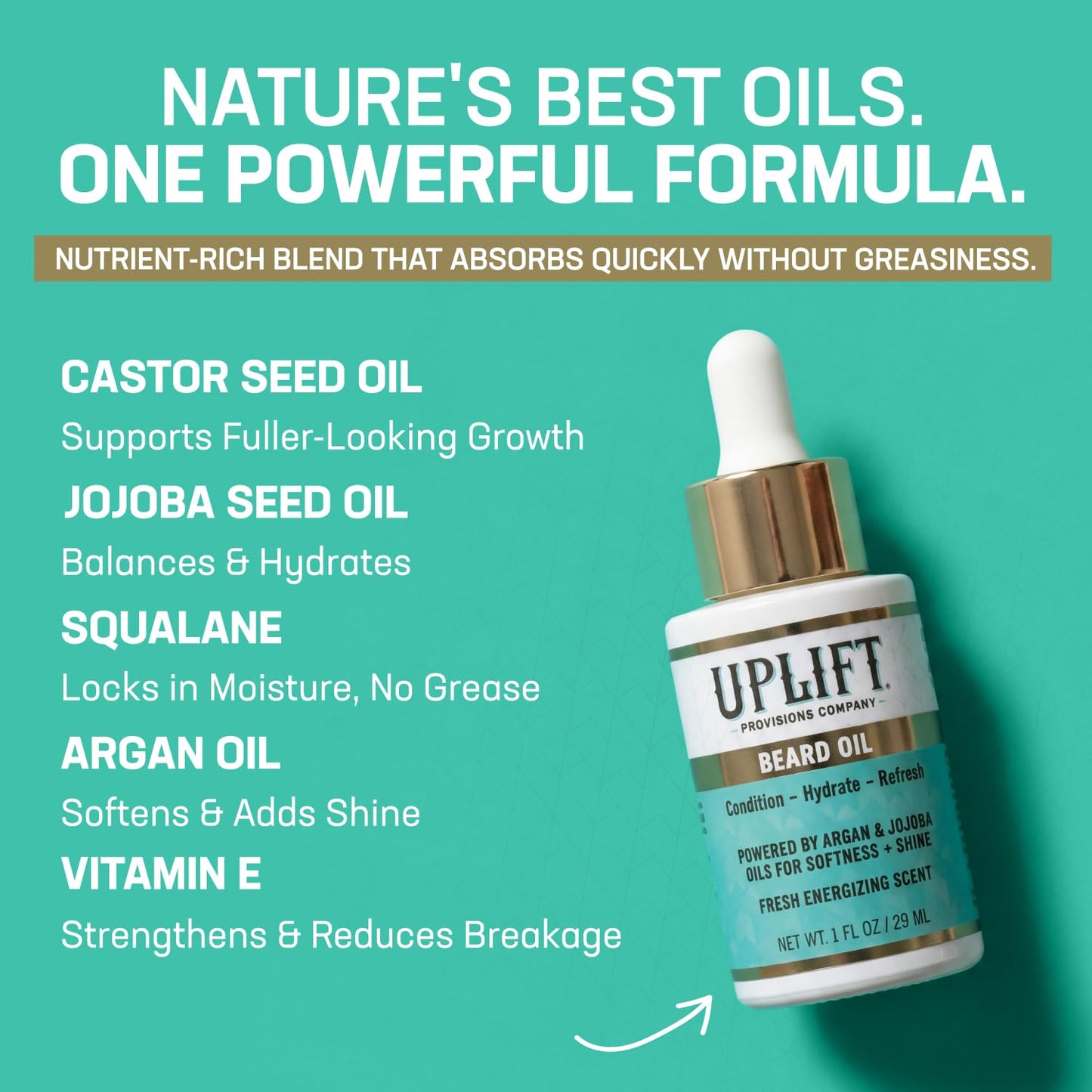 Uplift Provisions Beard Oil for Men – Softens & Hydrates, Reduces Dryness & Itch – Argan, Jojoba & Castor Beard Growth Oil – Lightweight, Non-Greasy, Peppermint & Lime Scent, 1 oz