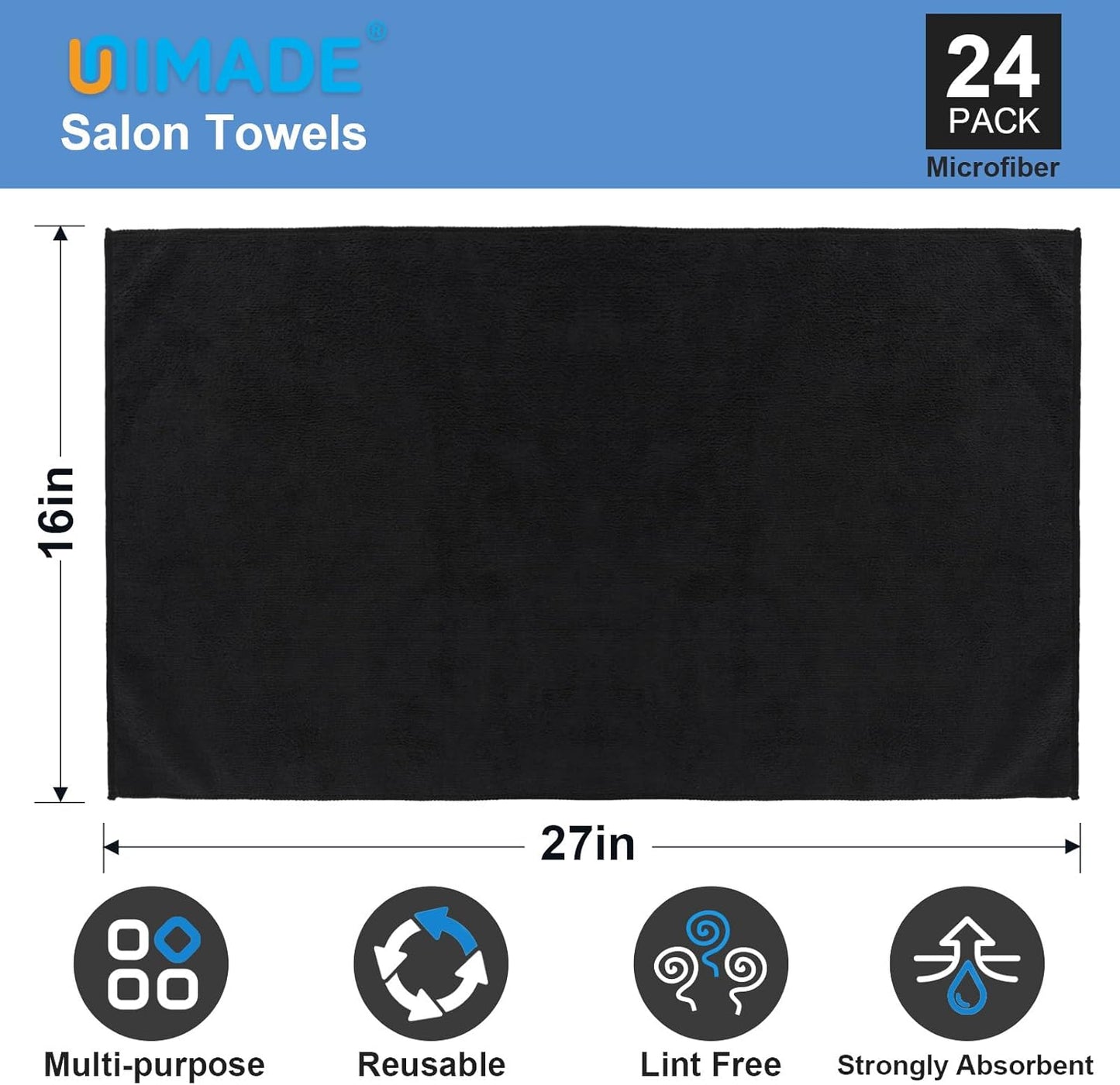 Premium Salon Towels - 24 Pack Highly Absorbent Quick-Drying Hand Towels | 16x27 Inch Black for Bathroom, Gym, Spa
