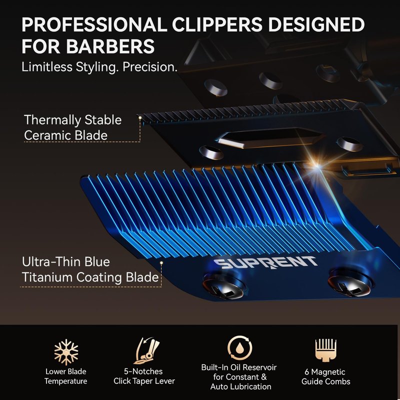 SUPRENT StormGray Professional Hair Clippers for Men - Cordless Barber Clippers & Zero-gapped Trimmer Set, Haircutting Kit with High Performance Motor, Blue Titanium-Coated Blades, Charging Stands