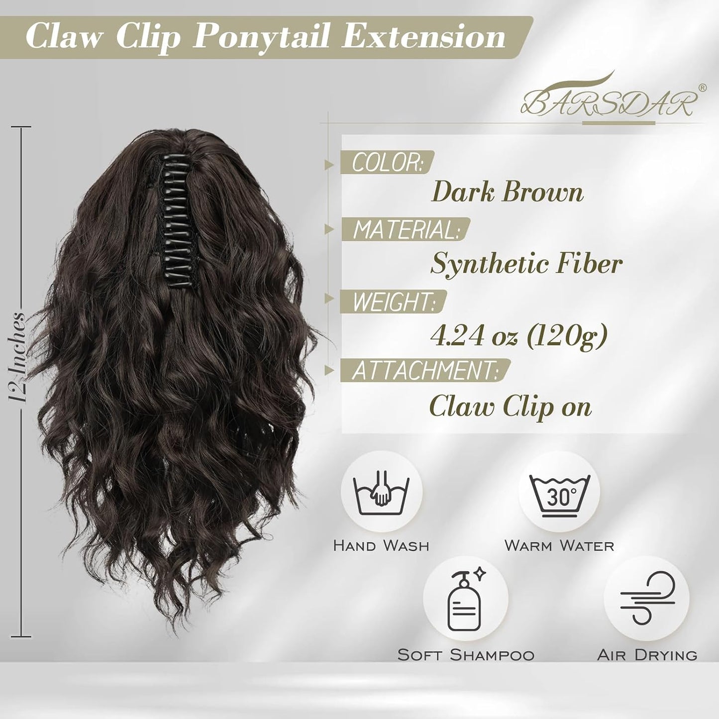 Ponytail Hair Extensions - 12 Inch Claw Clip Dark Brown Curly Wavy Ponytail for Women