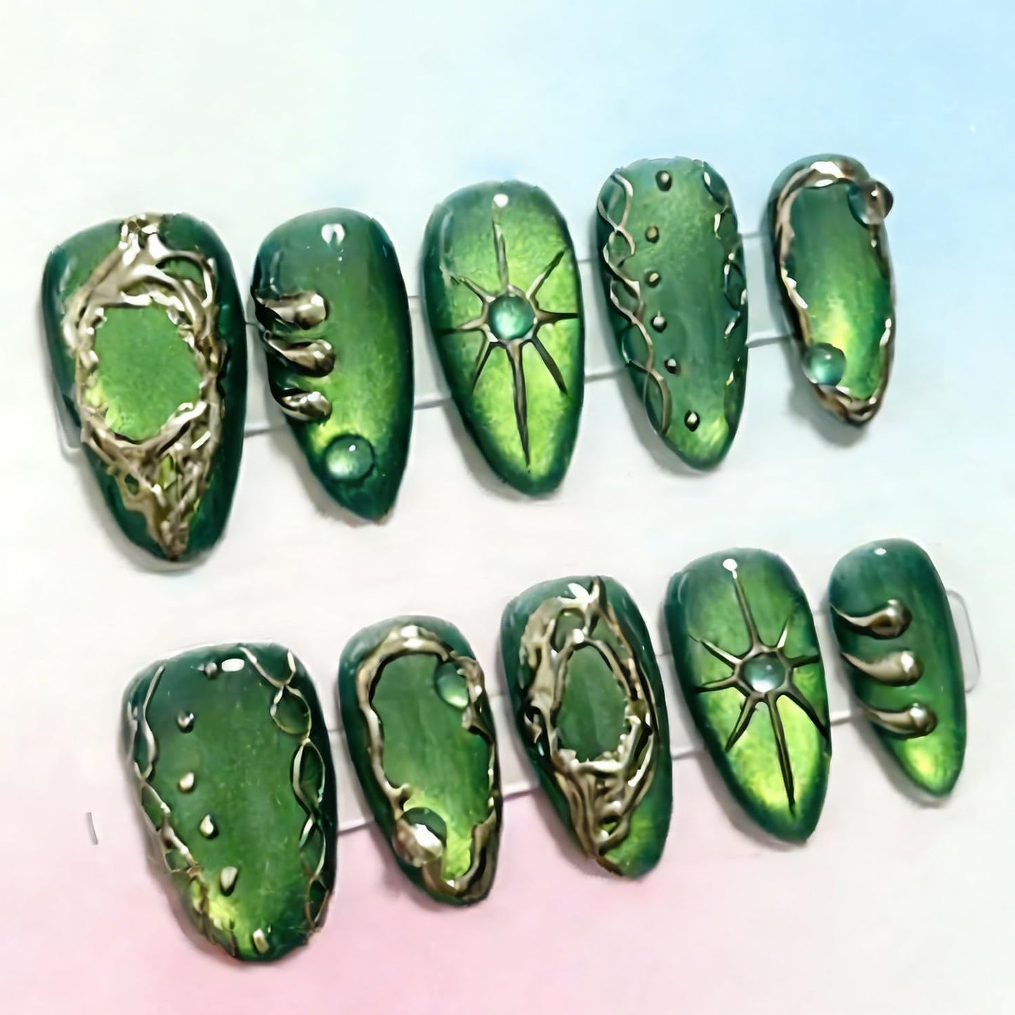 Almond Press-On Nails - 30 Pcs Medium 3D Gold Star Design | Glossy Full Cover Butterfly Acrylics