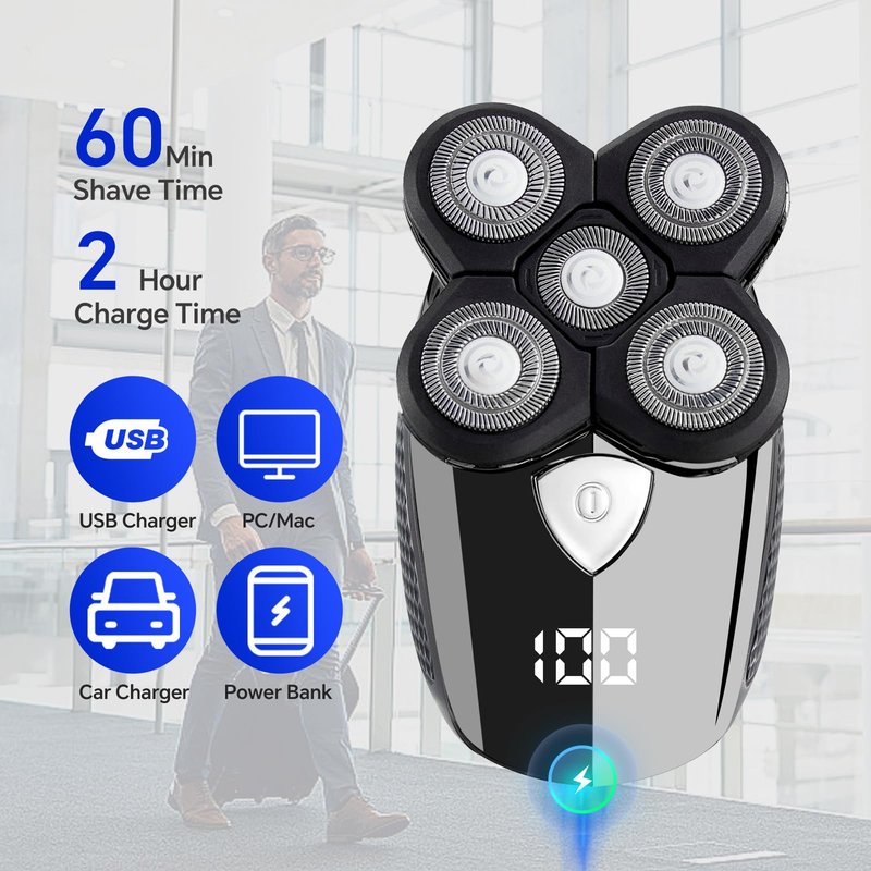 Bald Head Shaver,Electric Head Shavers for Bald Men, 5-in-1 Head and Face Grooming Kit, Waterproof Cordless Rotary Razor and USB Rechargeable,Gifts for Men