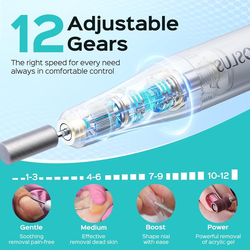 COSLUS Cordless Electric Nail Drill - 12-Speed Professional Nail File with LED Display | Grey, Perfect for Gel Removal & Nail Art