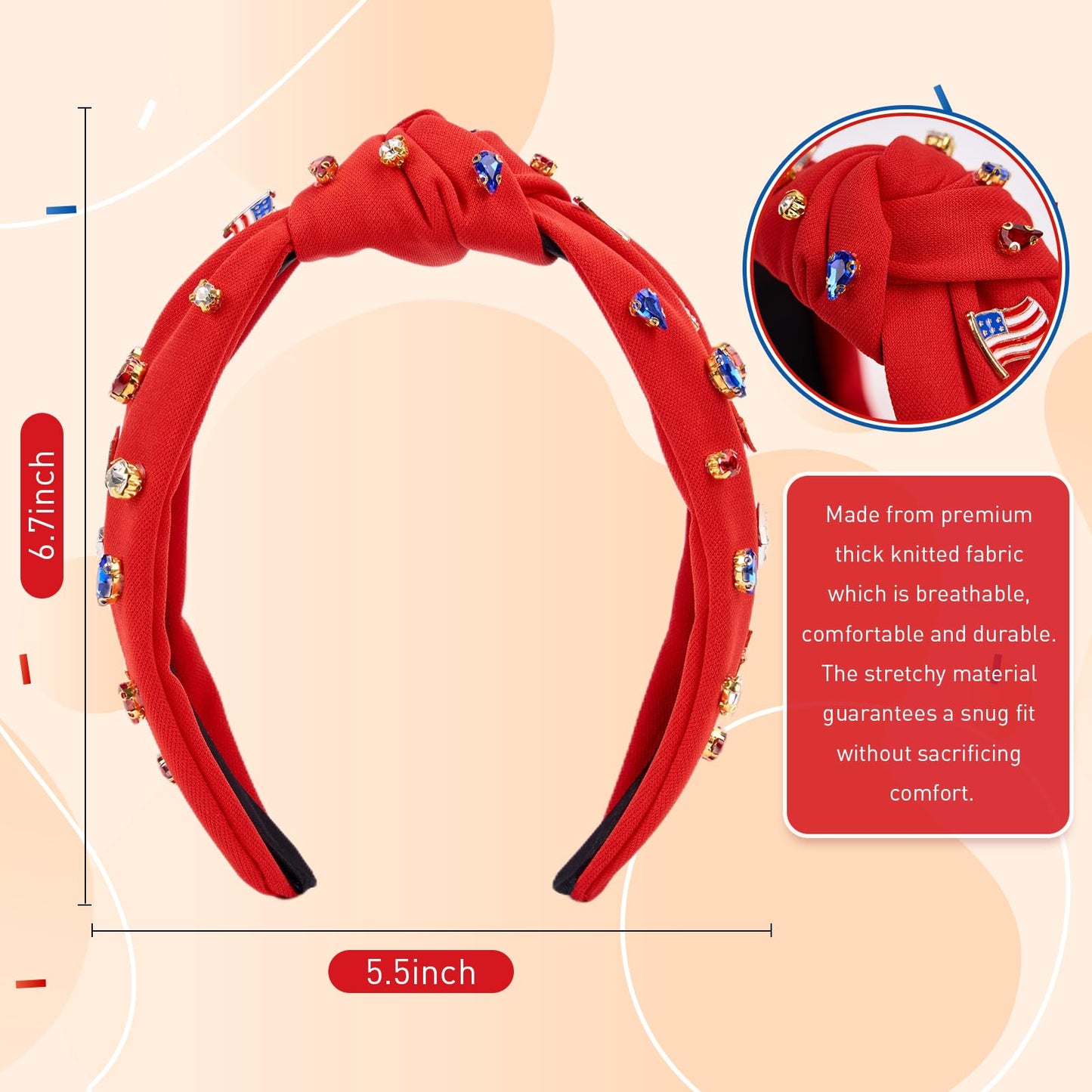 4th of July Headband for Women, Patriotic Knotted Head Band with Star Rhinestone American Flag, Fourth of July Hair Bands Red White Blue Hair Accessories for Independence Day Party Favors, Gifts