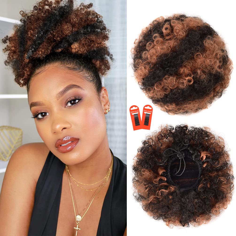 Afro Puff Drawstring Ponytail Extension - Premium Synthetic Kinky Curly Bun for Black Women | Black to Brown, 80g
