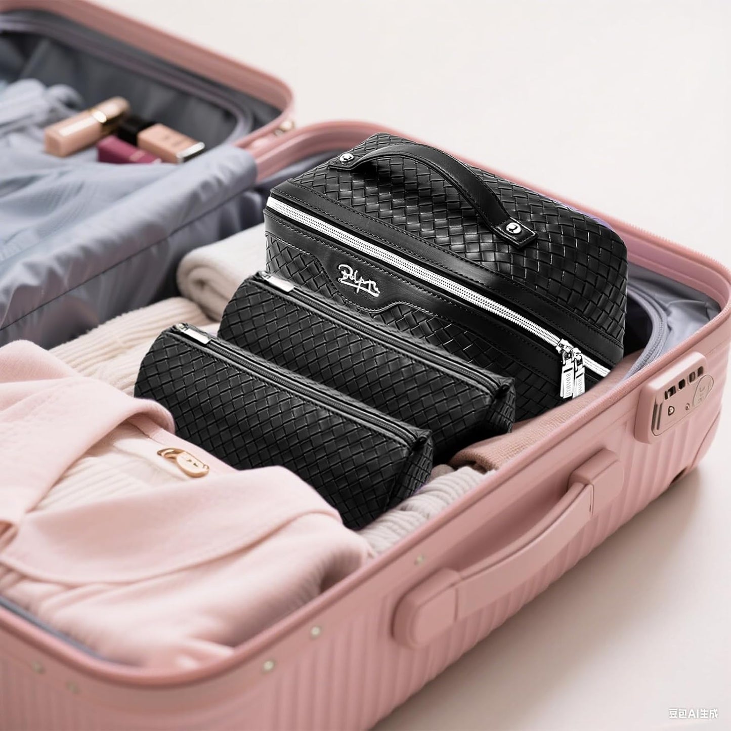 Travel Makeup Bags for Women - 3-Piece Vegan Leather Set | Waterproof Toiletry Organizer (L05 Black)