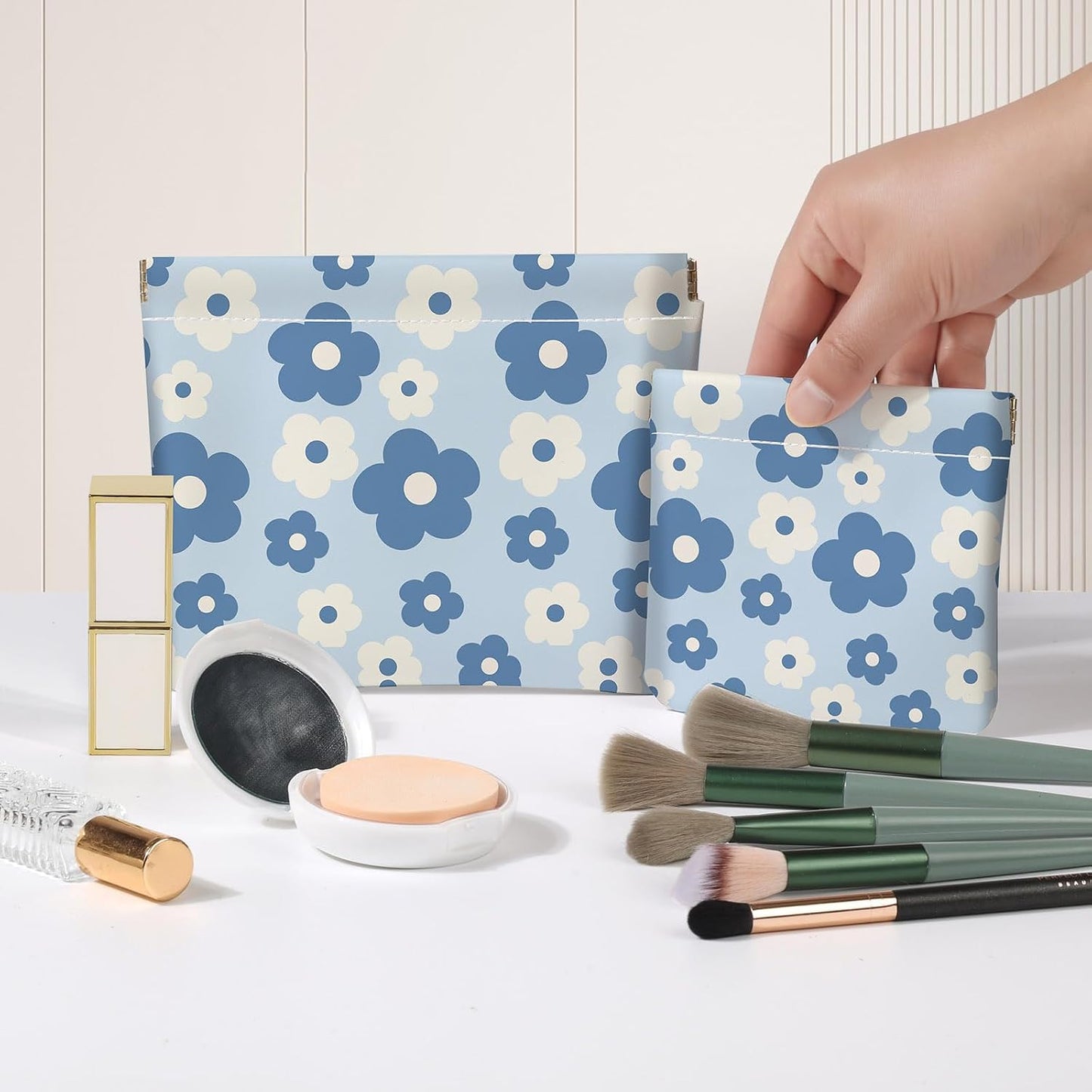 Small Makeup Bag Set - 2 PCS PU Leather Cosmetic Organizer | Portable Travel Toiletry Pouch with Blue and White Floral Design