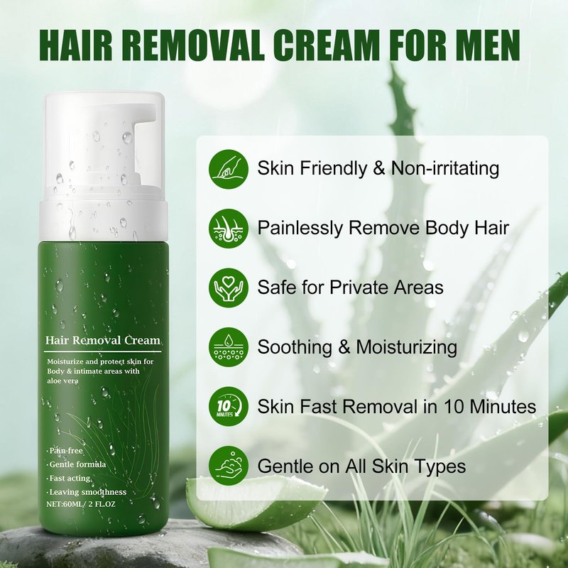 Botan Man Hair Removal Cream with Natural Aloe Vera, Men's No-Shave Hair Removal Spray Quick & Gentle for Face, Body & Intimate Areas, Moisturizing Nourishing Non-sticky, 2 Pcs