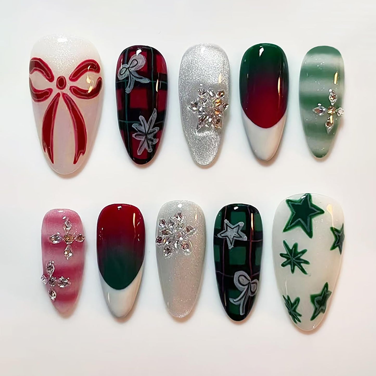3D Christmas Press-On Nails - Medium Almond Acrylic with Rhinestones | 24 Pcs Winter Snowflake Designs