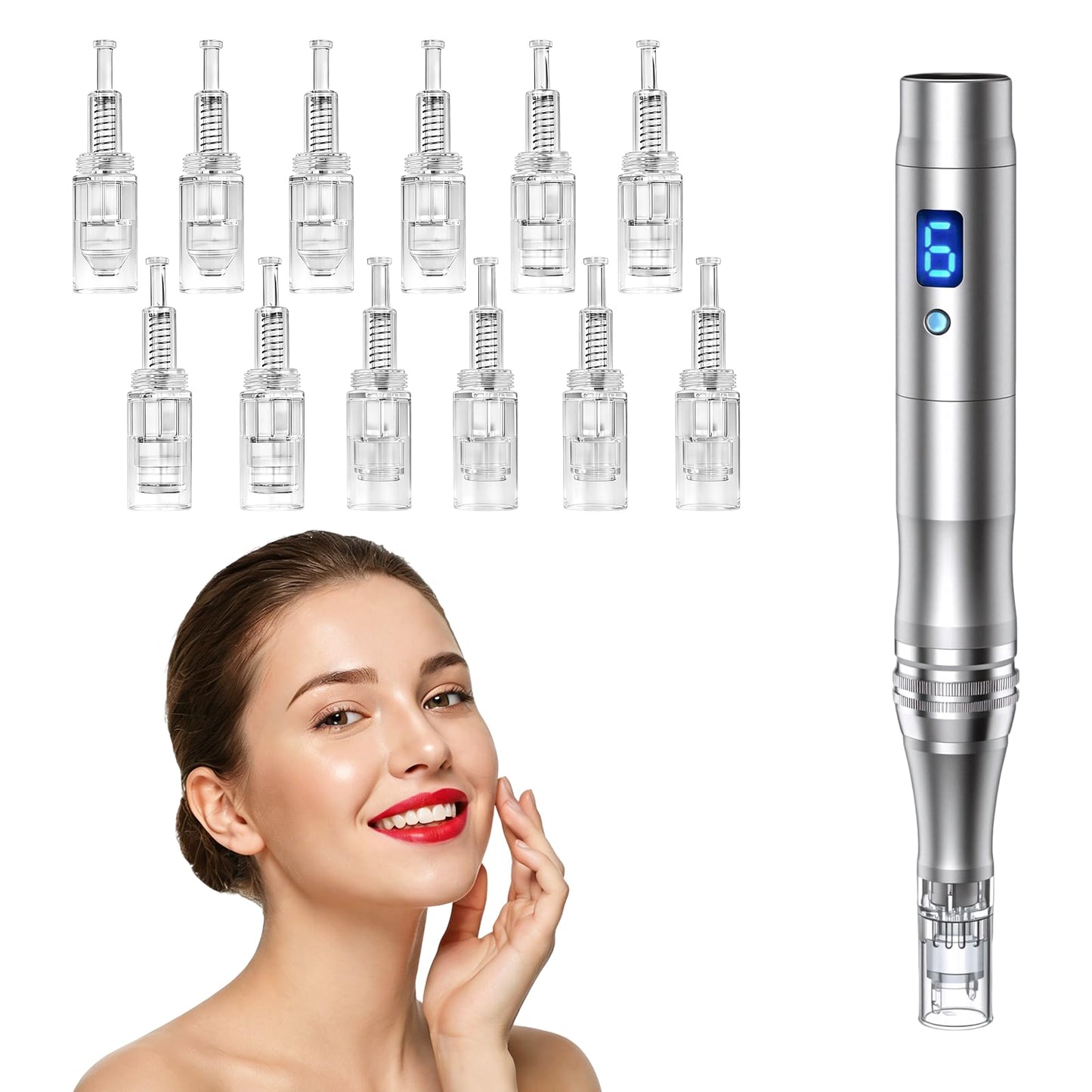 Microneedle Derma Roller Pen for Women Men Skin Home Travel Use with 12 pcs replacement, 0.25mm Microneedling Kit for Skin
