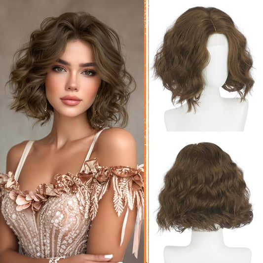 Haloo Brown Bob Wig for Women Lace Front Hairline Short Soft Wavy Curly Natural Looking Middle Part Synthetic Hair Wigs for Daily Party, 11 Inch Chestnut Brown
