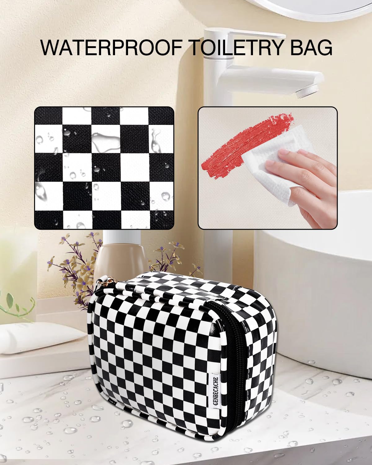 GENBECACHE Mini Cosmetic Bag, Small Makeup Bag for Purse, Zipper Checkered Pouch, Waterproof Packing Bag for Toiletry with Wrist Strap, Black