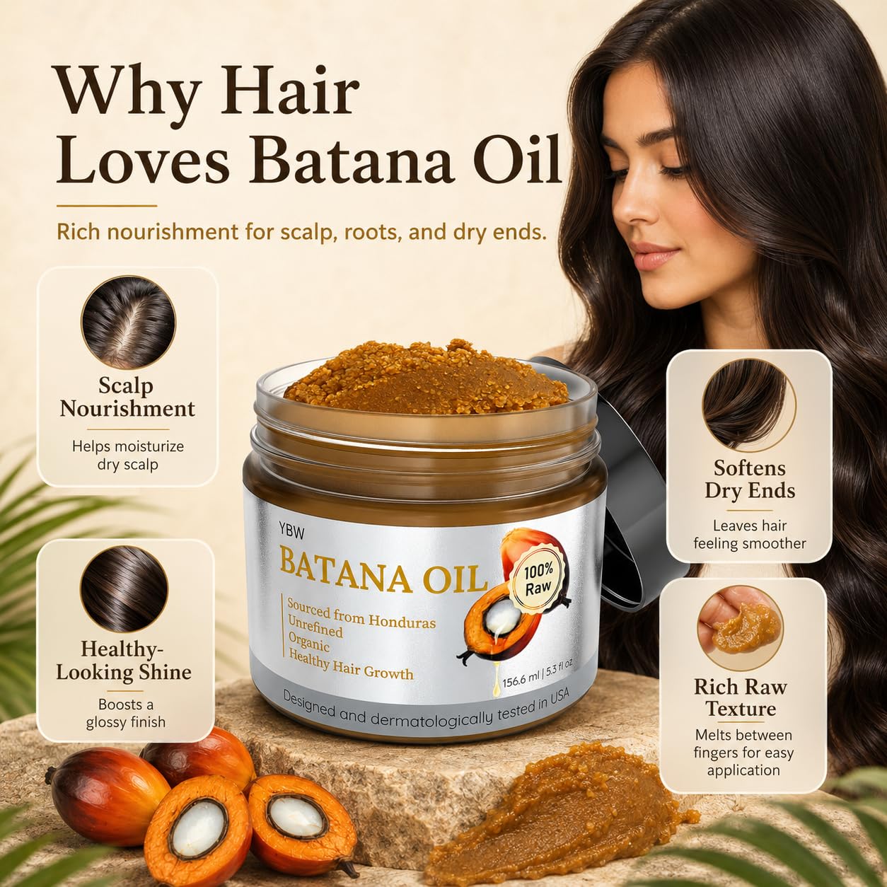 YBW Batana Oil for Hair Growth Dr. Sebi Organic, Natural, Pure and 100% Raw Batana Oil Paste from Honduras - Botana Enhances Hair Thickness, Prevents Loss for Men and Women