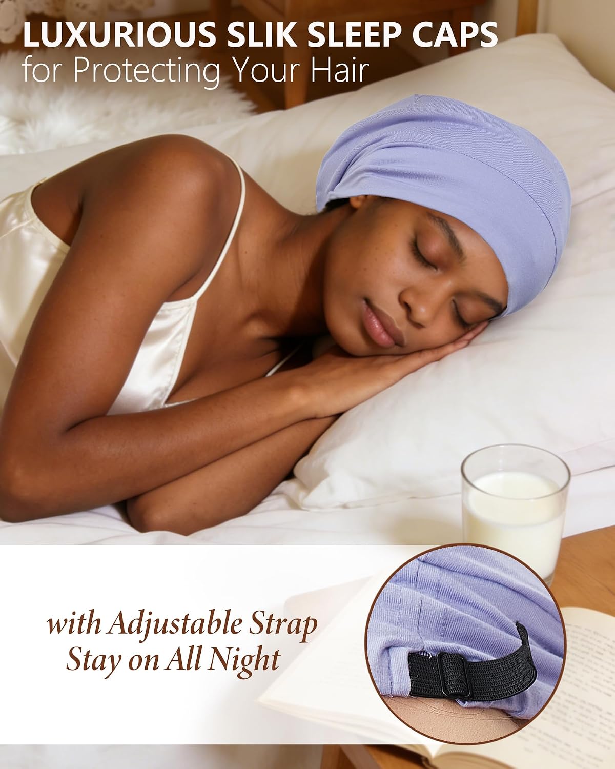 100% Mulberry Silk Bonnet for Sleeping | Curly Hair Sleep Cap - Black