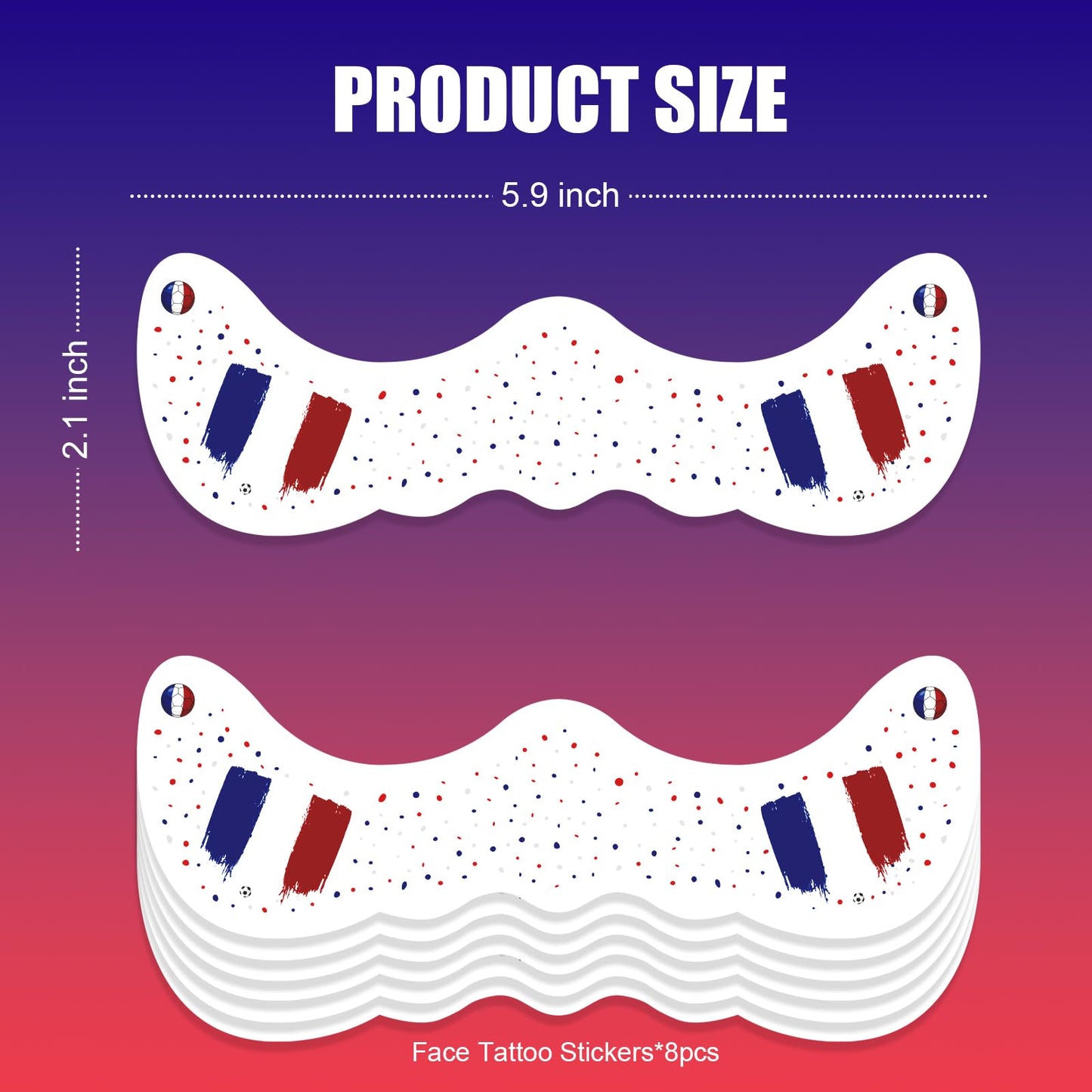 VXZ Blue White Red Soccer Fan Freckles Face Tattoo - Tricolor Vertical Flag Temporary Tattoos | Waterproof Sports Sparkle Stickers for Football Matches & Game Day Celebrations (8 Sheets)