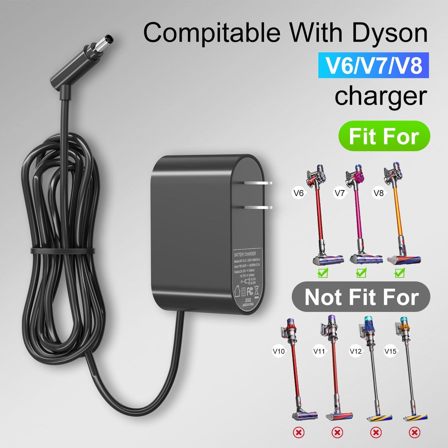 Replacement Charger Compatible with Dyson Power Cord Compatible with V6 V7 V8 Cordless Handheld Portable Vacuum Cleaner (V6 V7 V8)