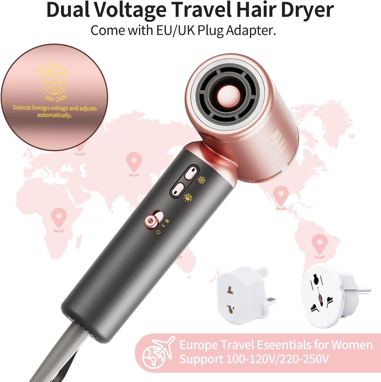 Travel Mini Hair Dryer - Dual Voltage 100-250V | High-Speed 110,000 RPM with European Plug Adapter & Concentrator Nozzles
