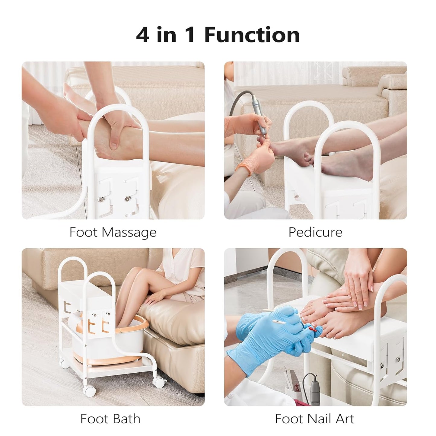 Pedicure Cart - Adjustable Height Foot Bath Trolley with PU Cushion | Portable Nail Esthetician Cart for Manicure & Massage (White)