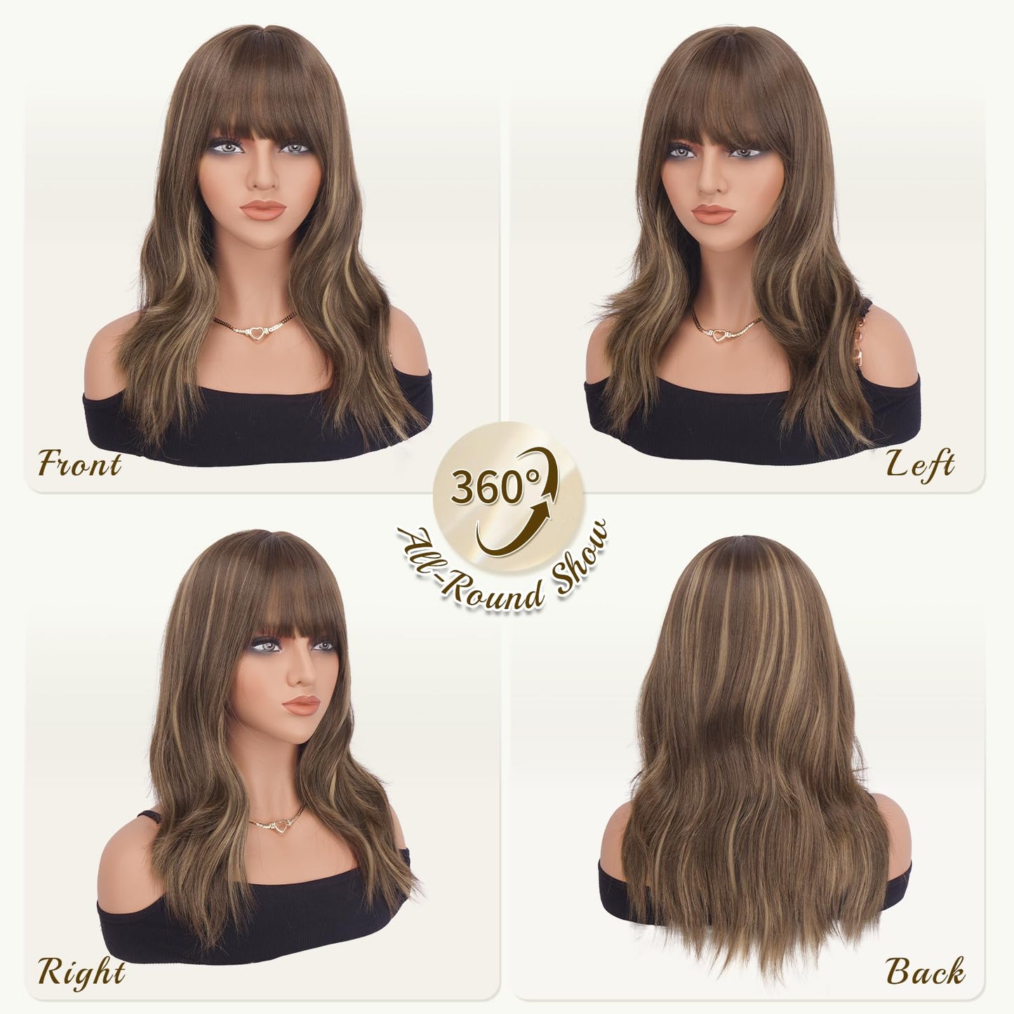 Haloo Brown Wigs with Bangs - 19 Inch Natural Wavy Synthetic Heat Resistant Medium Length Hair Wigs for Women Daily Party, Blonde Mixed Brown