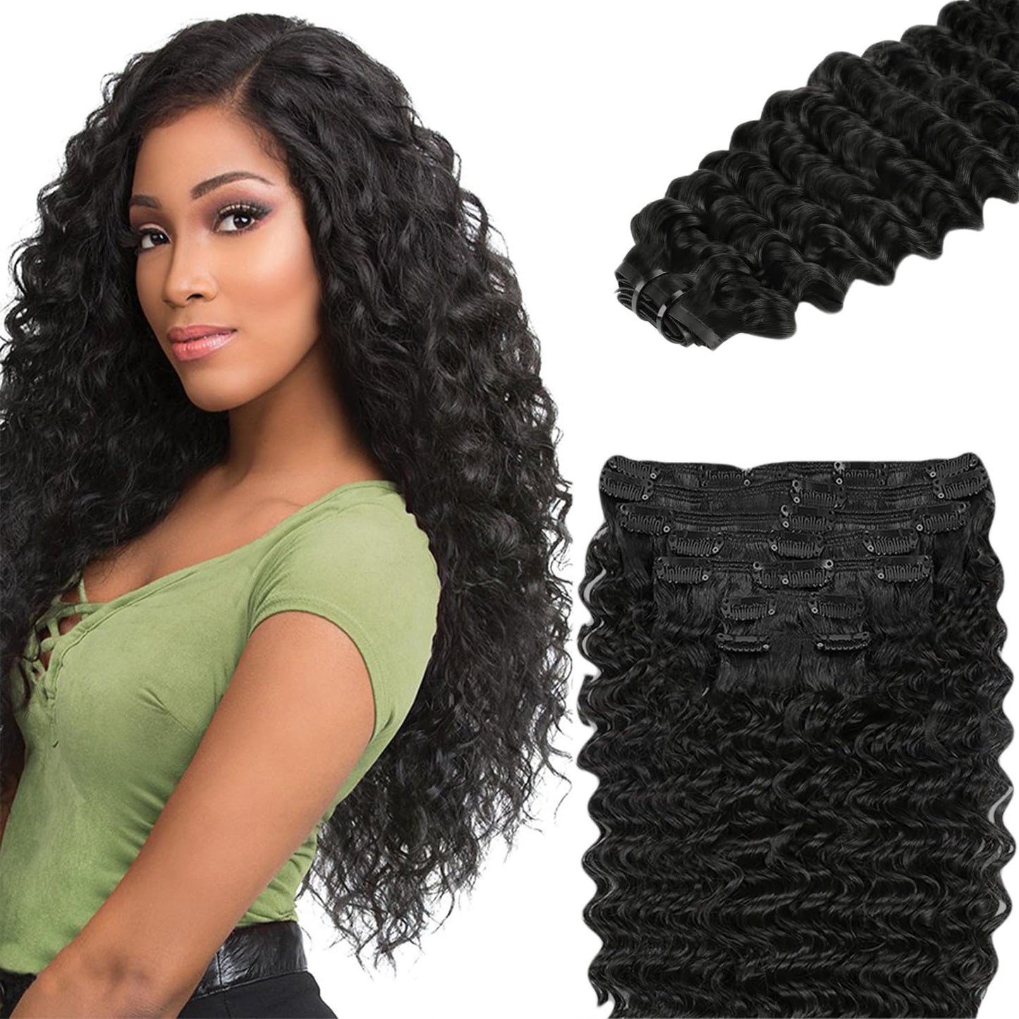 #1B Deep Wave Clip in Hair Extensions Real Human Hair, 14 Inch 120g/7Pcs,Full Shine Black Human Hair,Natural Black Clip ins Brazilian Virgin Human Hair Extensions
