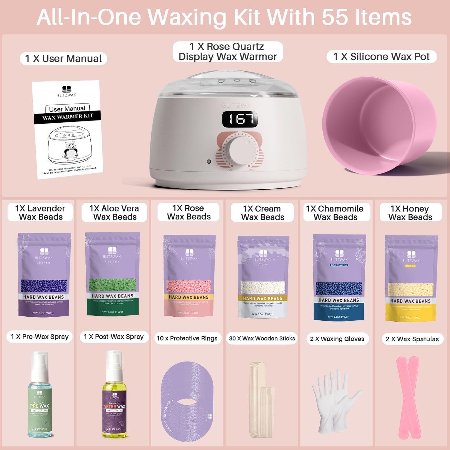 BLITZWAX Brazilian and Bikini Waxing Kit for Women, Hard Wax Warmer for Face, Legs, and Body, At Home Hair Removal Kit, Beginner Friendly, Quick Heating, 6 Packs Wax Beads