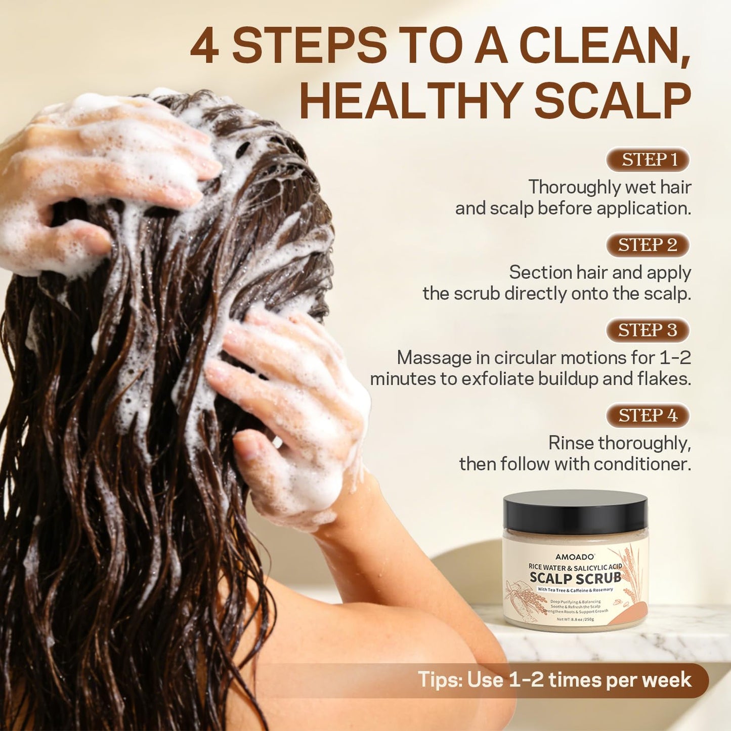 AMOADO Rice Water Scalp Scrub with Salicylic Acid(BHA), Tea Tree & Rosemary – Gentle Exfoliating Scalp Scrub Shampoo for Dandruff, Removes Buildup, Controls Oil & Refreshes the Scalp, 8.8 oz