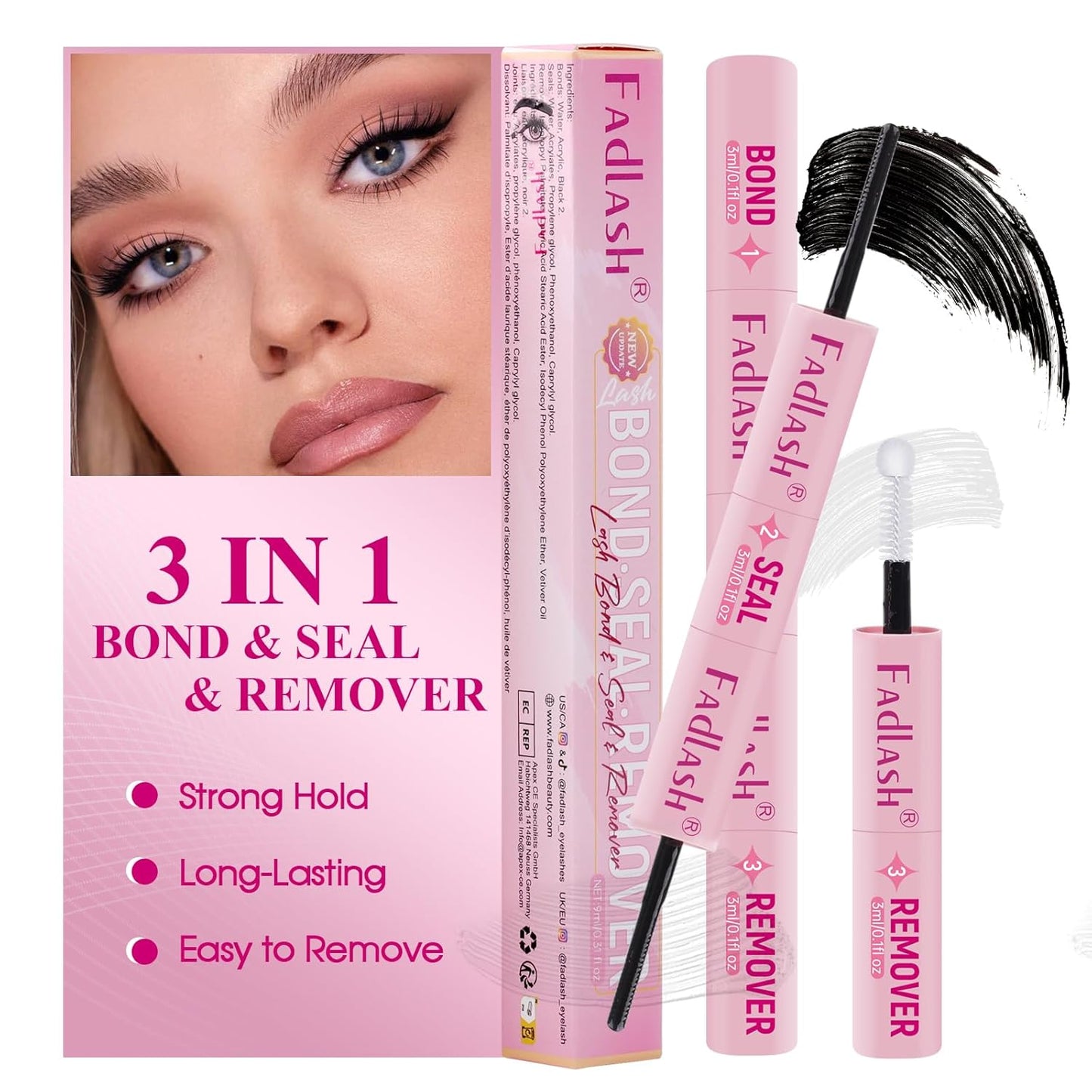 FADLASH 3 in 1 Lash Bond & Seal Remover Set - Gentle Formula for Cluster Lashes | 72-Hour Hold