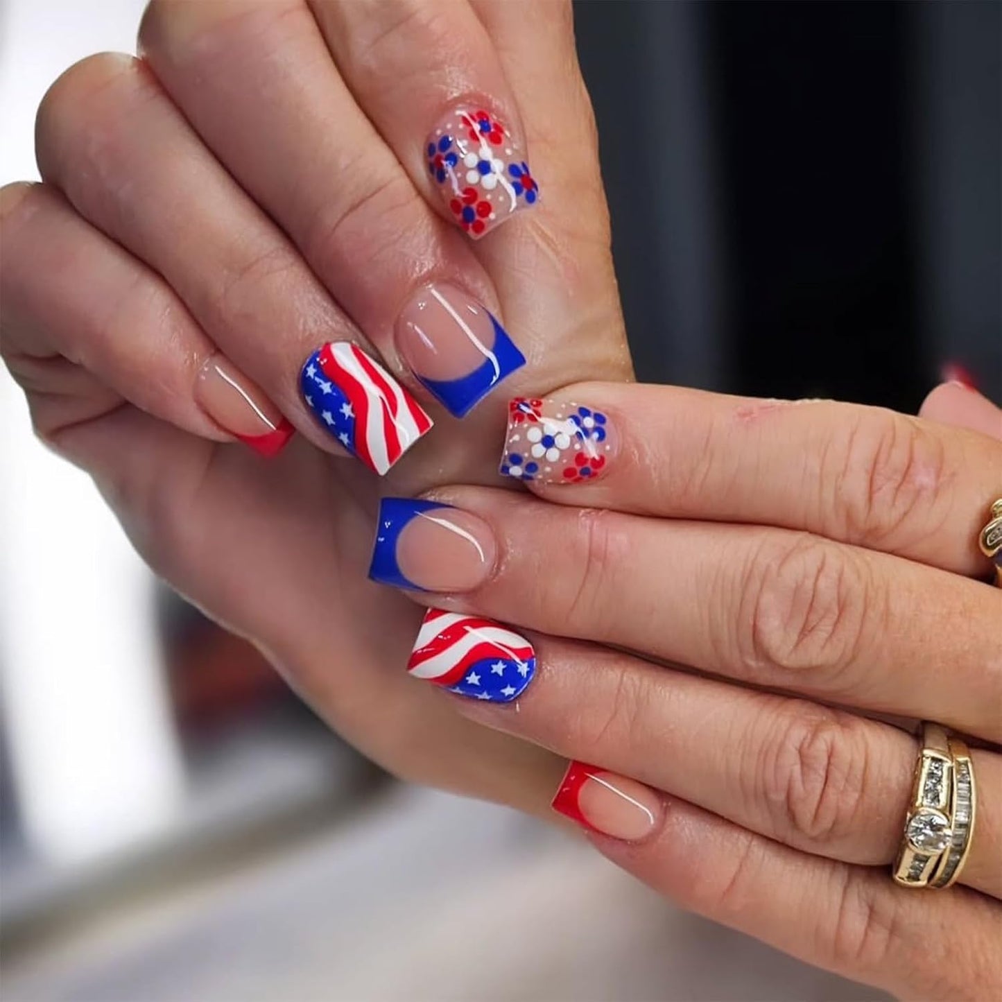 Short Square Press-On Nails - 24 Pcs French Tip with 3D Flower & Star Rhinestones | Full Cover Acrylic, Reusable